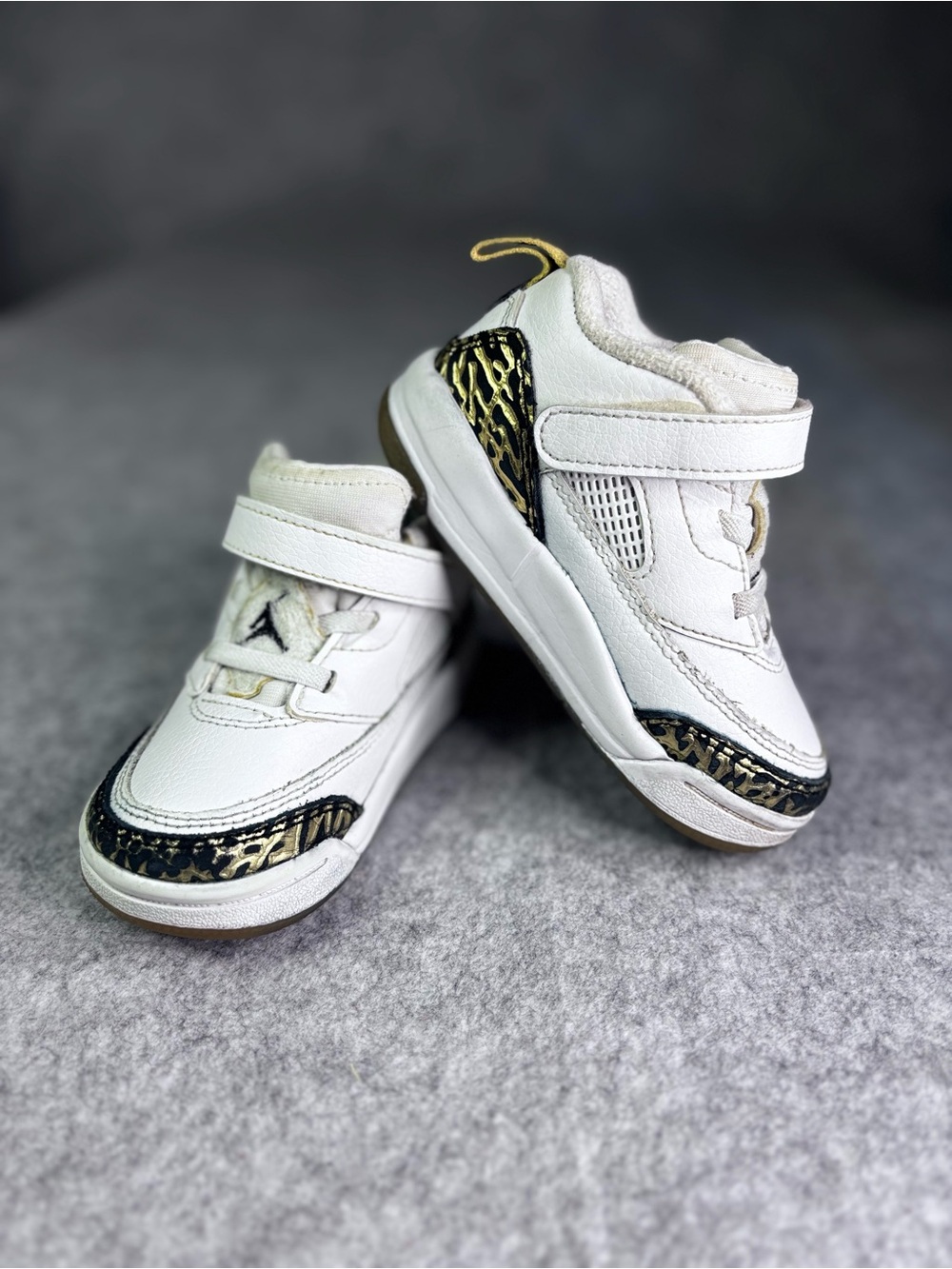 Jordan White Kids Sneakers with Metallic Gold Animal-Print